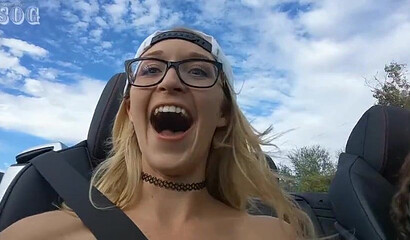 Horny blonde Ginger Banks rubs her bald pussy outdoors