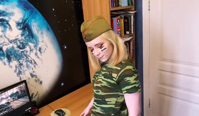 Naughty Amateur Teen Sucks A Dildo In Her Military Uniform