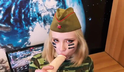 Naughty Amateur Teen Sucks A Dildo In Her Military Uniform