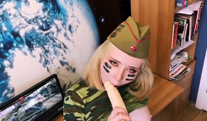 Naughty Amateur Teen Sucks A Dildo In Her Military Uniform
